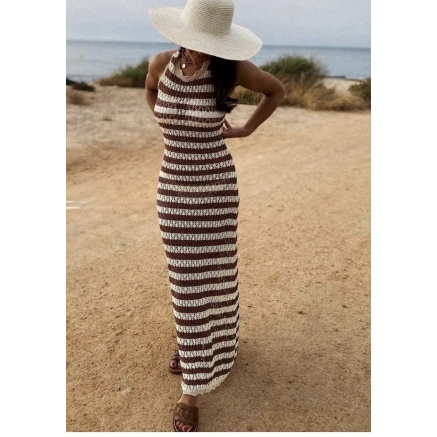 Mng Mango Crochet Maxi Dress Striped Open Knit Metallic Sleeveless Beachy Sz M